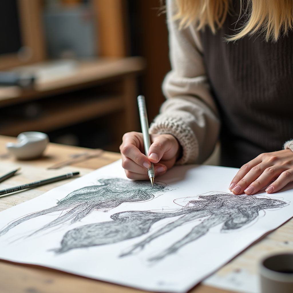 Créateur de mode travaillant sur des croquis organiques